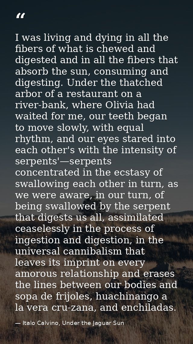 I was living and dying in all the fibers of what is chewed and digested and in all the fibers that absorb the sun, consu — Italo Calvino, Under the Jaguar Sun