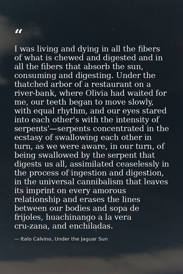 I was living and dying in all the fibers of what is chewed and digested and in all the fibers that absorb the sun, consu — Italo Calvino, Under the Jaguar Sun