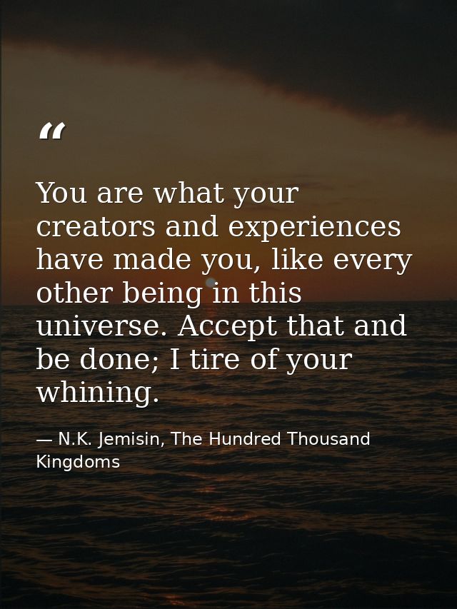 You are what your creators and experiences have made you, like every other being in this universe. Accept that and be do — N.K. Jemisin, The Hundred Thousand Kingdoms