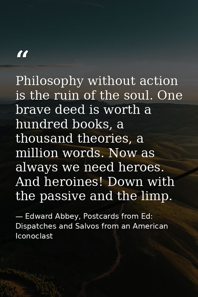 Philosophy without action is the ruin of the soul. One brave deed is worth a hundred books, a thousand theories, a milli — Edward Abbey, Postcards from Ed: Dispatches and Salvos from an American Iconoclast