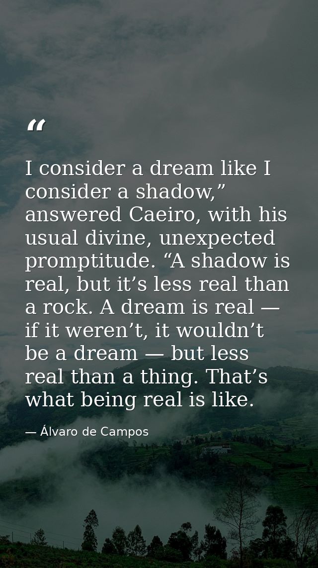 I consider a dream like I consider a shadow,” answered Caeiro, with his usual divine, unexpected promptitude. “A shadow  — Álvaro de Campos