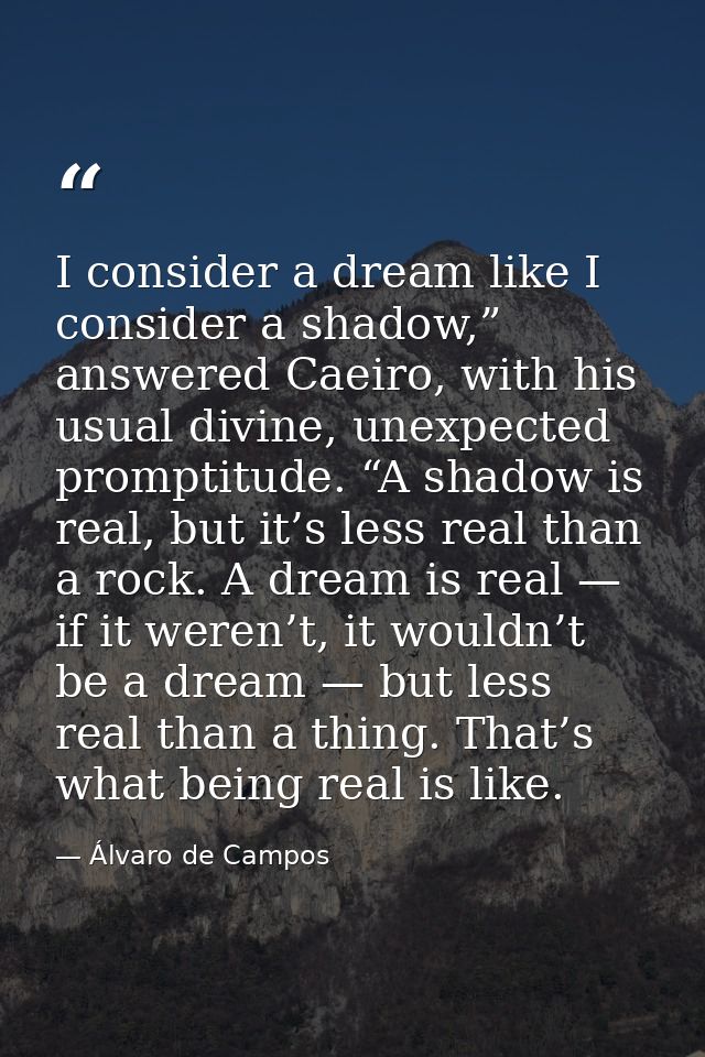 I consider a dream like I consider a shadow,” answered Caeiro, with his usual divine, unexpected promptitude. “A shadow  — Álvaro de Campos
