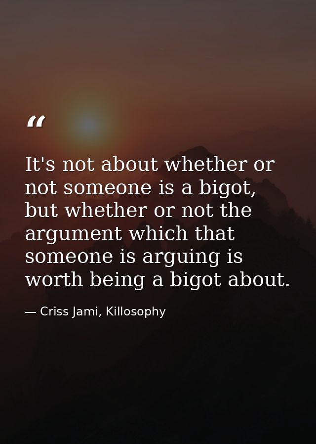 It's not about whether or not someone is a bigot, but whether or not the argument which that someone is arguing is worth — Criss Jami, Killosophy