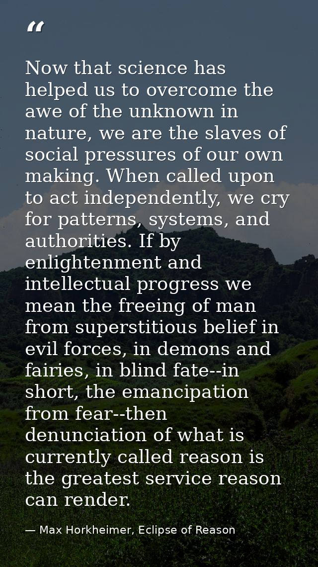 Now that science has helped us to overcome the awe of the unknown in nature, we are the slaves of social pressures of ou — Max Horkheimer, Eclipse of Reason