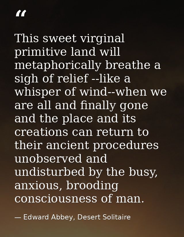 This sweet virginal primitive land will metaphorically breathe a sigh of relief --like a whisper of wind--when we are al — Edward Abbey, Desert Solitaire