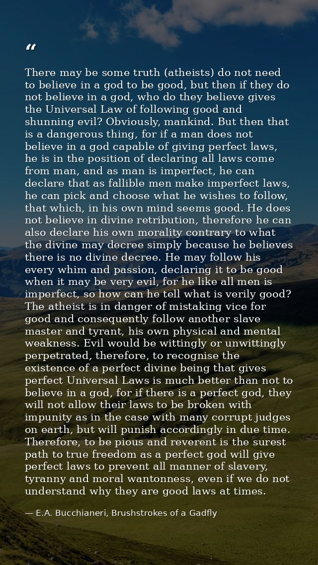 There may be some truth (atheists) do not need to believe in a god to be good, but then if they do not believe in a god, — E.A. Bucchianeri, Brushstrokes of a Gadfly