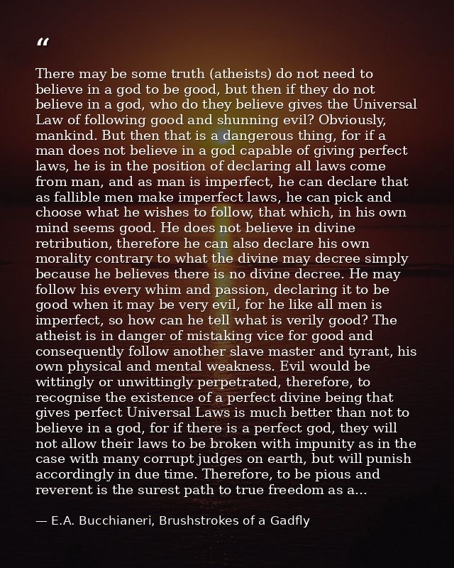 There may be some truth (atheists) do not need to believe in a god to be good, but then if they do not believe in a god, — E.A. Bucchianeri, Brushstrokes of a Gadfly