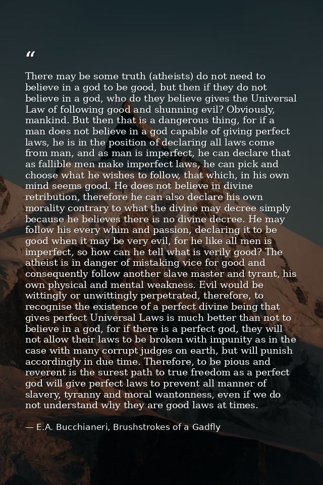 There may be some truth (atheists) do not need to believe in a god to be good, but then if they do not believe in a god, — E.A. Bucchianeri, Brushstrokes of a Gadfly