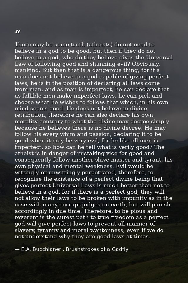 There may be some truth (atheists) do not need to believe in a god to be good, but then if they do not believe in a god, — E.A. Bucchianeri, Brushstrokes of a Gadfly