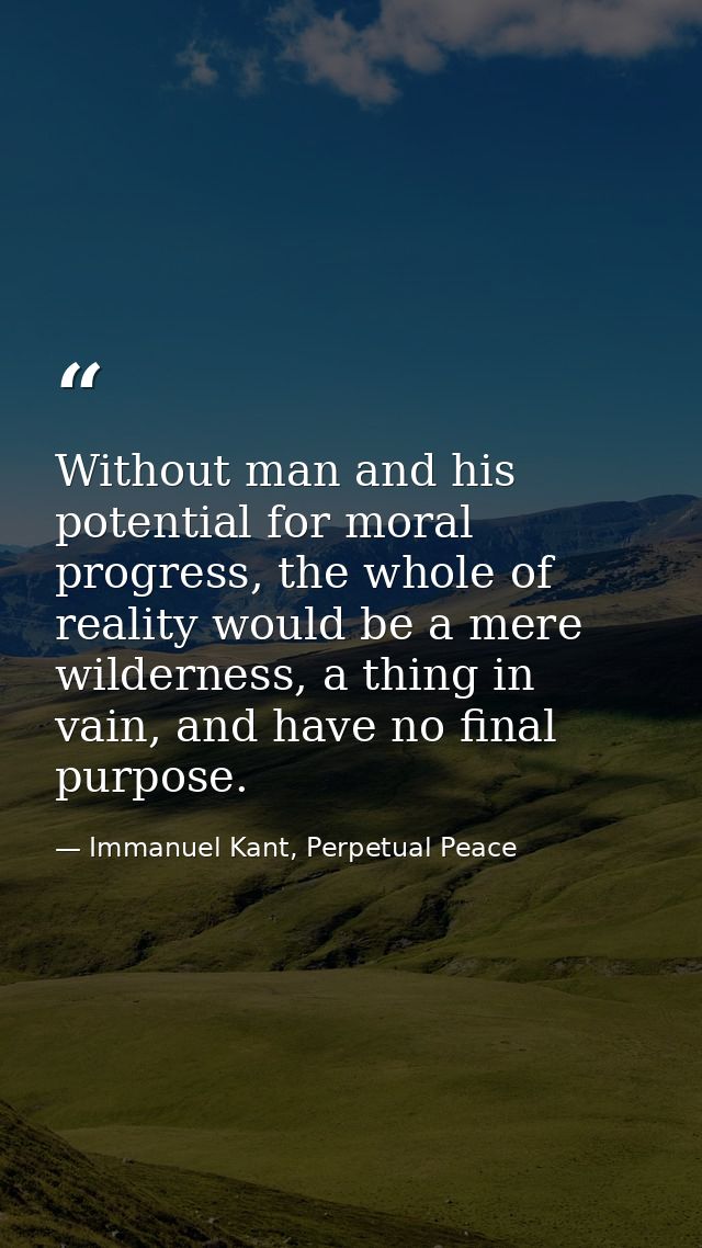 Without man and his potential for moral progress, the whole of reality would be a mere wilderness, a thing in vain, and  — Immanuel Kant, Perpetual Peace