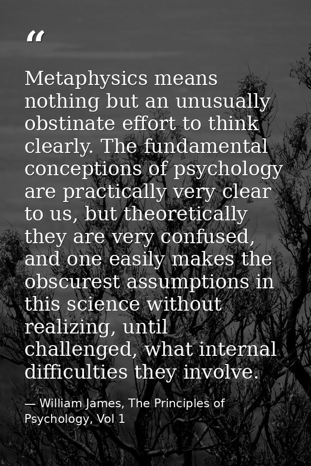 Metaphysics means nothing but an unusually obstinate effort to think clearly. The fundamental conceptions of psychology  — William James, The Principles of Psychology, Vol 1