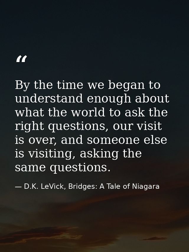 By the time we began to understand enough about what the world to ask the right questions, our visit is over, and someon — D.K. LeVick, Bridges: A Tale of Niagara