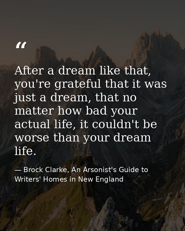 After a dream like that, you're grateful that it was just a dream, that no matter how bad your actual life, it couldn't  — Brock Clarke, An Arsonist's Guide to Writers' Homes in New England