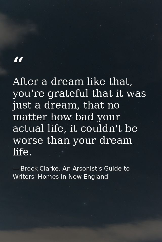 After a dream like that, you're grateful that it was just a dream, that no matter how bad your actual life, it couldn't  — Brock Clarke, An Arsonist's Guide to Writers' Homes in New England