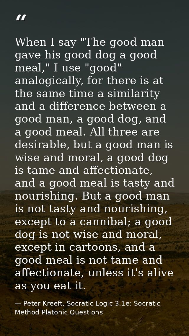 When I say "The good man gave his good dog a good meal," I use "good" analogically, for there is at the same time a simi — Peter Kreeft, Socratic Logic 3.1e: Socratic Method Platonic Questions