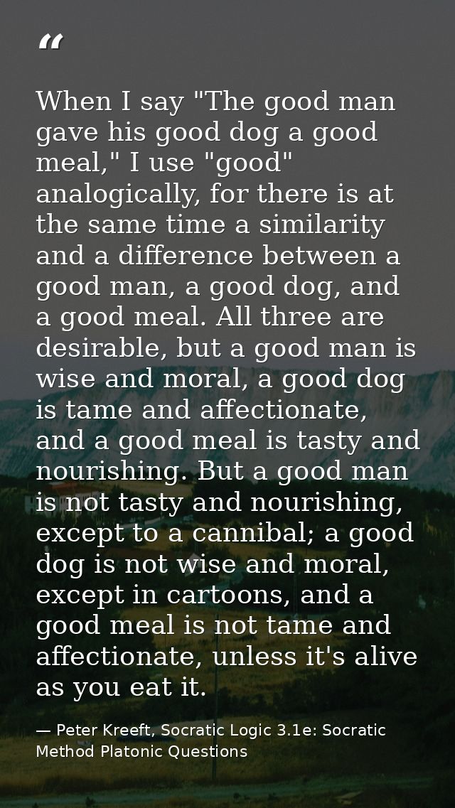 When I say "The good man gave his good dog a good meal," I use "good" analogically, for there is at the same time a simi — Peter Kreeft, Socratic Logic 3.1e: Socratic Method Platonic Questions