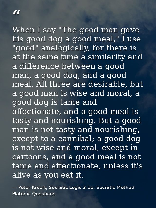 When I say "The good man gave his good dog a good meal," I use "good" analogically, for there is at the same time a simi — Peter Kreeft, Socratic Logic 3.1e: Socratic Method Platonic Questions