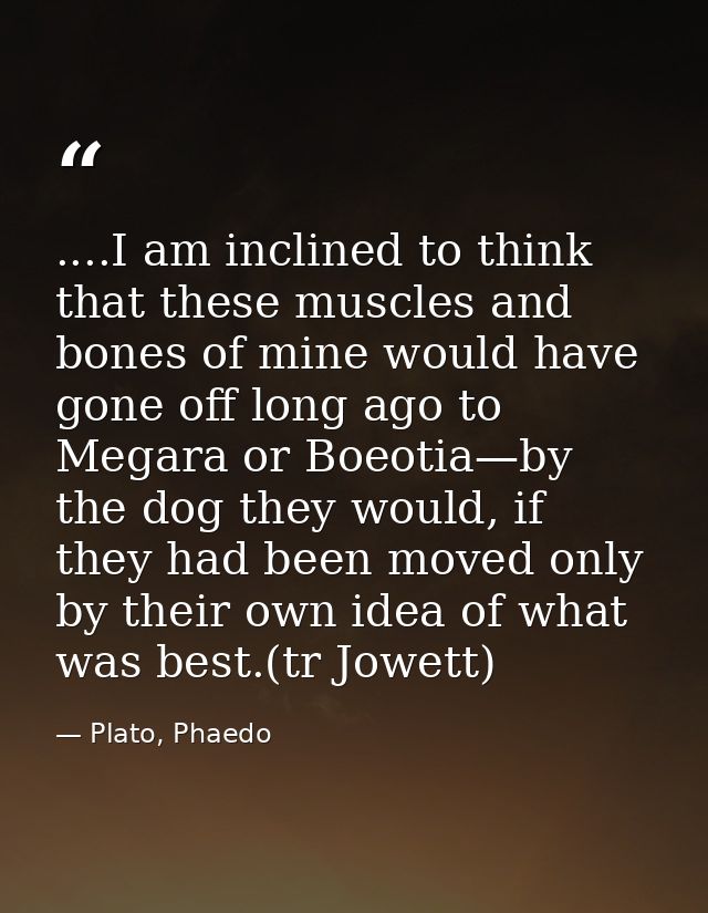 ....I am inclined to think that these muscles and bones of mine would have gone off long ago to Megara or Boeotia—by the — Plato, Phaedo