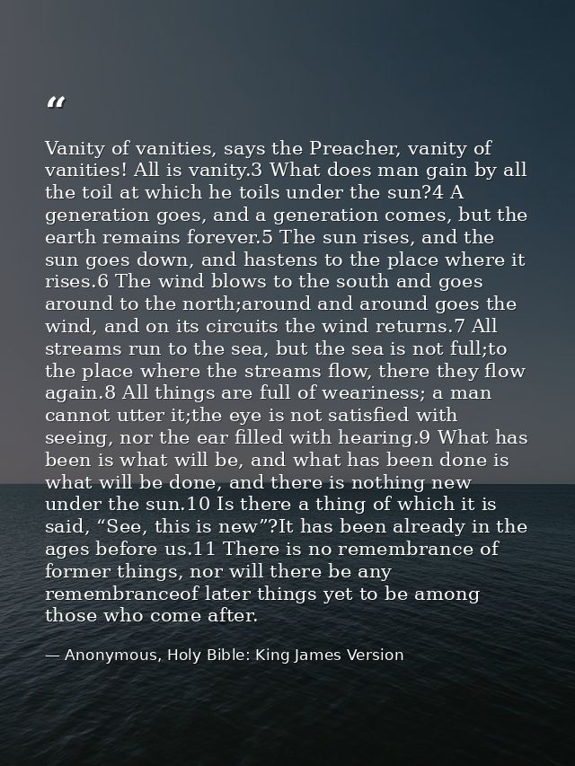 Vanity of vanities, says the Preacher, vanity of vanities! All is vanity.3 What does man gain by all the toil at which h — Anonymous, Holy Bible: King James Version
