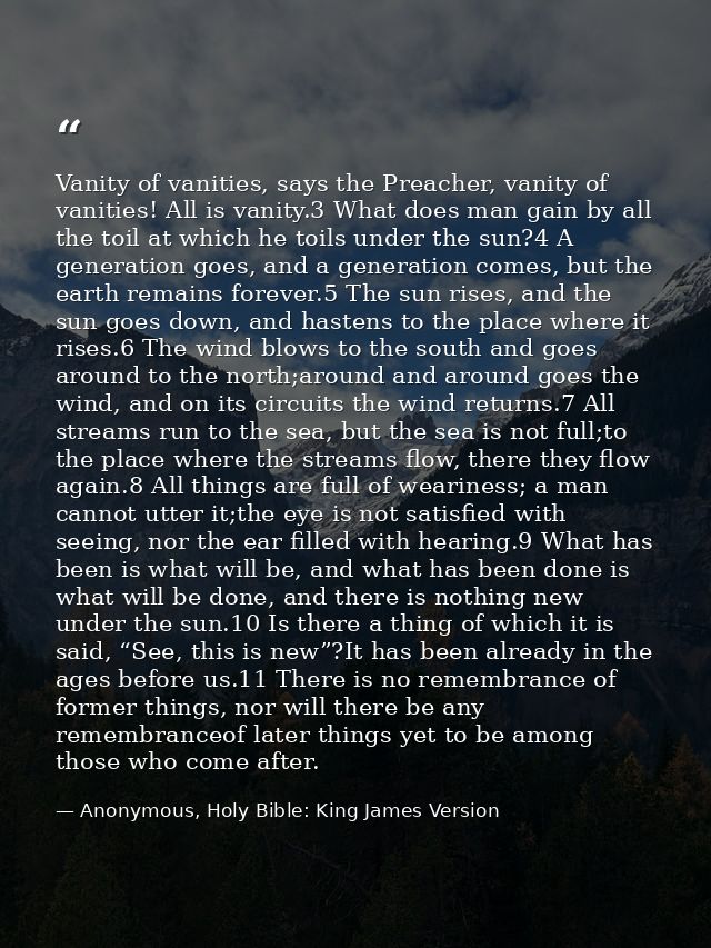Vanity of vanities, says the Preacher, vanity of vanities! All is vanity.3 What does man gain by all the toil at which h — Anonymous, Holy Bible: King James Version