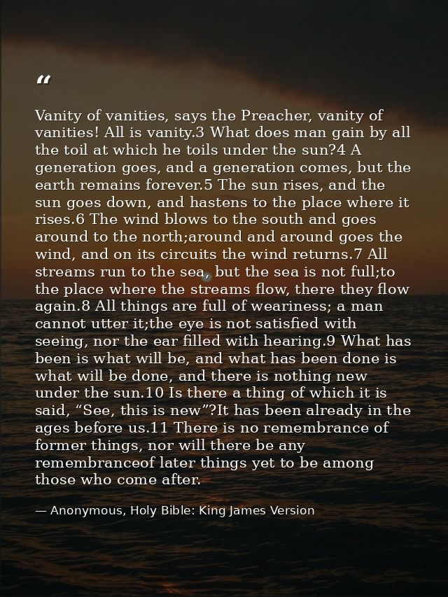 Vanity of vanities, says the Preacher, vanity of vanities! All is vanity.3 What does man gain by all the toil at which h — Anonymous, Holy Bible: King James Version
