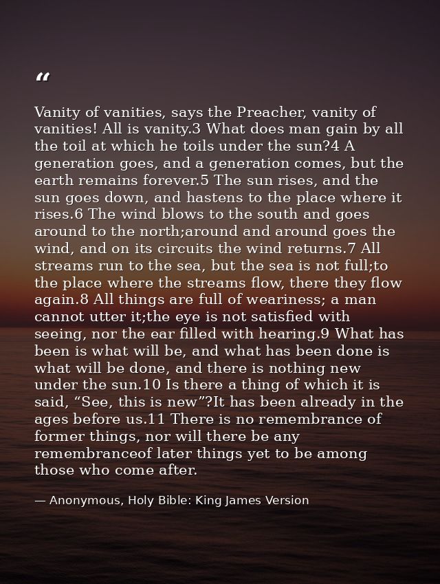 Vanity of vanities, says the Preacher, vanity of vanities! All is vanity.3 What does man gain by all the toil at which h — Anonymous, Holy Bible: King James Version