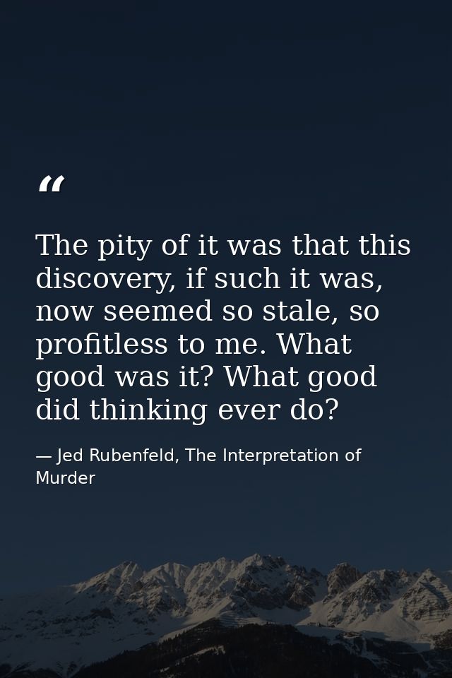 The pity of it was that this discovery, if such it was, now seemed so stale, so profitless to me. What good was it? What — Jed Rubenfeld, The Interpretation of Murder