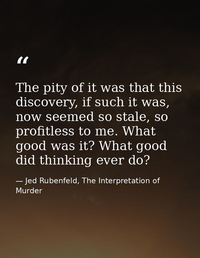 The pity of it was that this discovery, if such it was, now seemed so stale, so profitless to me. What good was it? What — Jed Rubenfeld, The Interpretation of Murder