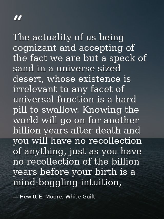 The actuality of us being cognizant and accepting of the fact we are but a speck of sand in a universe sized desert, who — Hewitt E. Moore, White Guilt