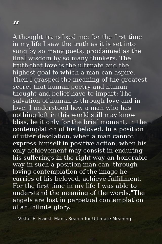 A thought transfixed me: for the first time in my life I saw the truth as it is set into song by so many poets, proclaim — Viktor E. Frankl, Man's Search for Ultimate Meaning