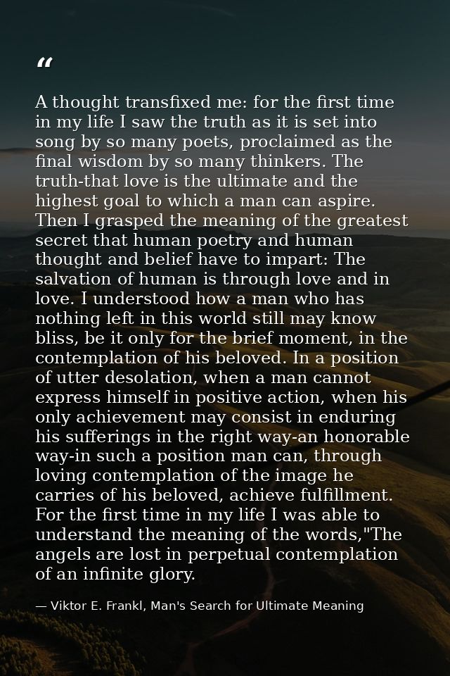 A thought transfixed me: for the first time in my life I saw the truth as it is set into song by so many poets, proclaim — Viktor E. Frankl, Man's Search for Ultimate Meaning