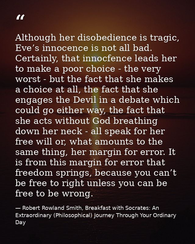 Although her disobedience is tragic, Eve’s innocence is not all bad. Certainly, that innocfence leads her to make a poor — Robert Rowland Smith, Breakfast with Socrates: An Extraordinary (Philosophical) Journey Through Your Ordinary Day