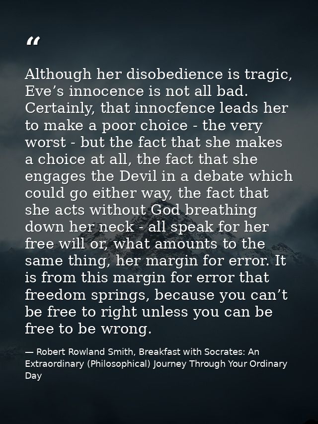 Although her disobedience is tragic, Eve’s innocence is not all bad. Certainly, that innocfence leads her to make a poor — Robert Rowland Smith, Breakfast with Socrates: An Extraordinary (Philosophical) Journey Through Your Ordinary Day