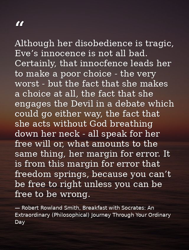 Although her disobedience is tragic, Eve’s innocence is not all bad. Certainly, that innocfence leads her to make a poor — Robert Rowland Smith, Breakfast with Socrates: An Extraordinary (Philosophical) Journey Through Your Ordinary Day