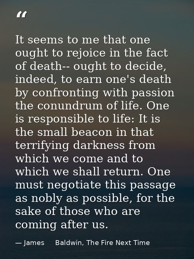 It seems to me that one ought to rejoice in the fact of death-- ought to decide, indeed, to earn one's death by confront — James     Baldwin, The Fire Next Time