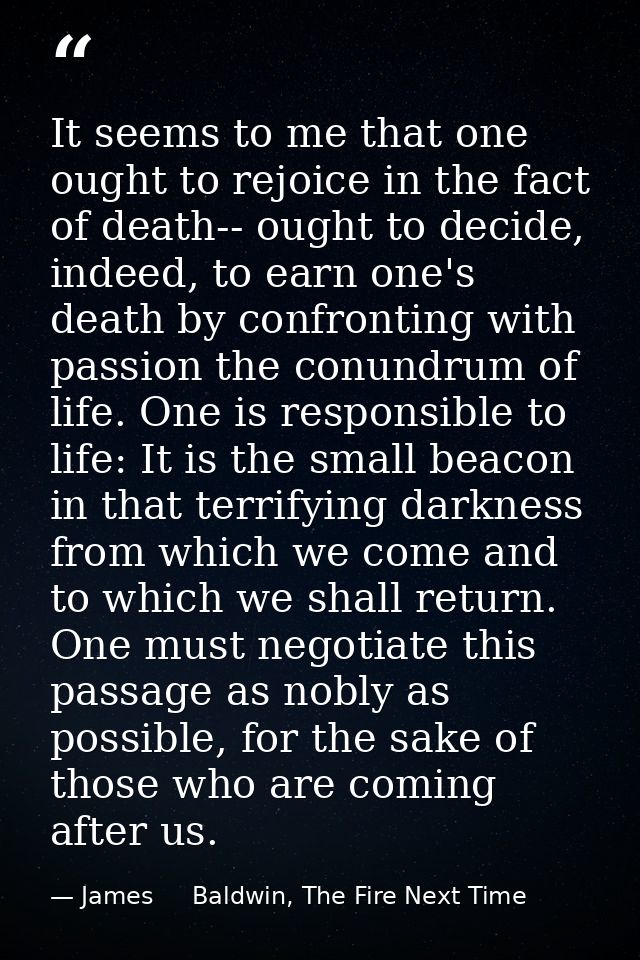 It seems to me that one ought to rejoice in the fact of death-- ought to decide, indeed, to earn one's death by confront — James     Baldwin, The Fire Next Time