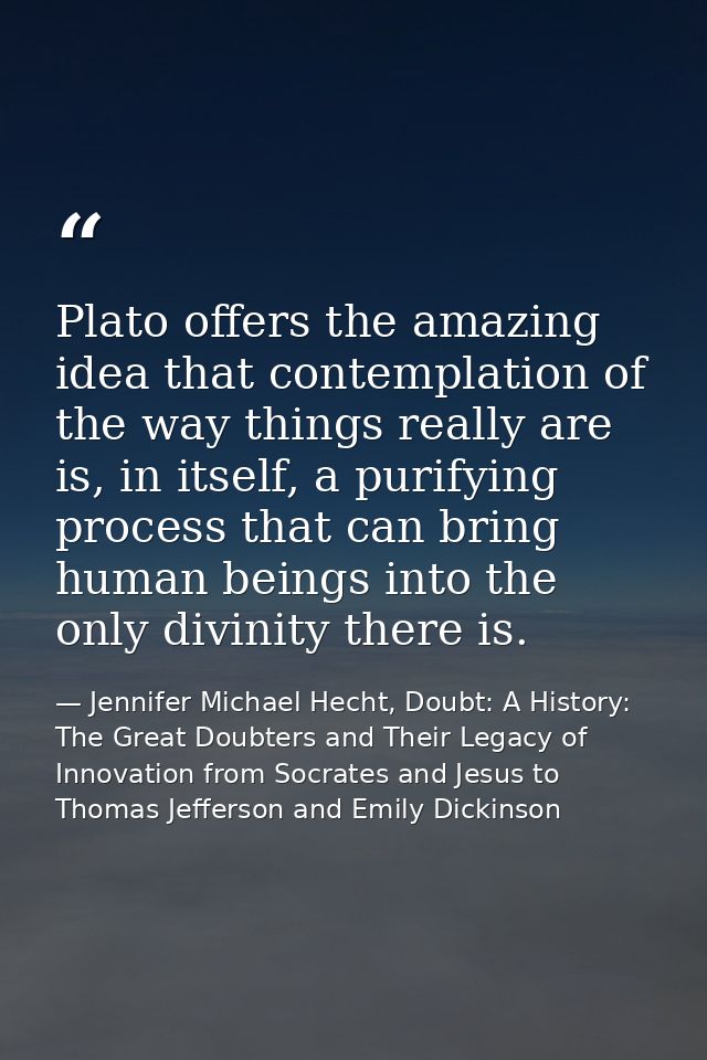 Plato offers the amazing idea that contemplation of the way things really are is, in itself, a purifying process that ca — Jennifer Michael Hecht, Doubt: A History: The Great Doubters and Their Legacy of Innovation from Socrates and Jesus to Thomas Jefferson and Emily Dickinson