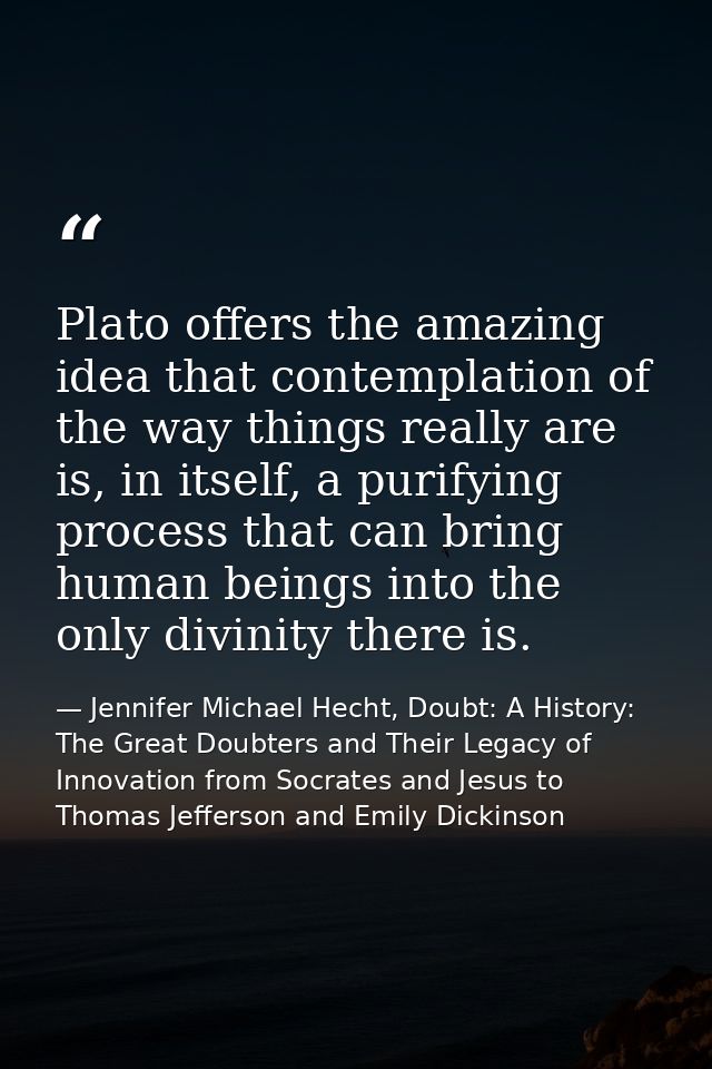 Plato offers the amazing idea that contemplation of the way things really are is, in itself, a purifying process that ca — Jennifer Michael Hecht, Doubt: A History: The Great Doubters and Their Legacy of Innovation from Socrates and Jesus to Thomas Jefferson and Emily Dickinson
