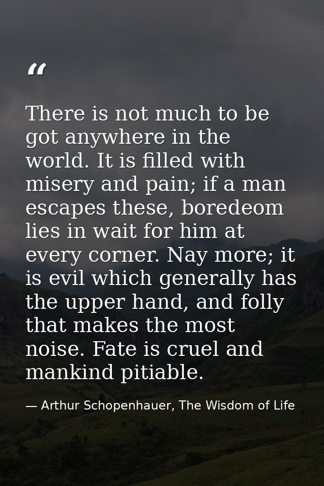 There is not much to be got anywhere in the world. It is filled with misery and pain; if a man escapes these, boredeom l — Arthur Schopenhauer, The Wisdom of Life