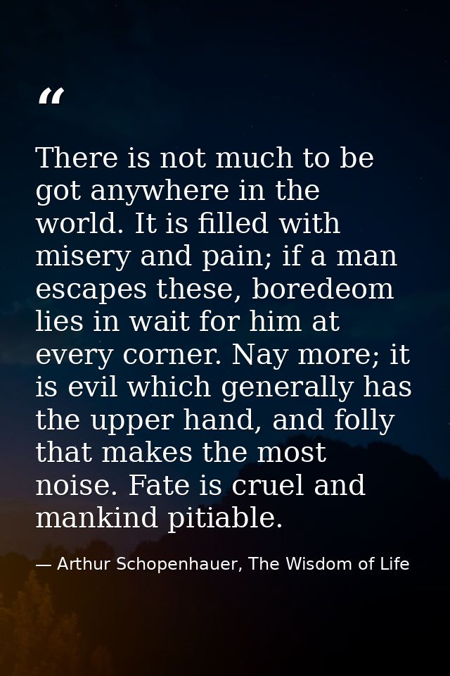 There is not much to be got anywhere in the world. It is filled with misery and pain; if a man escapes these, boredeom l — Arthur Schopenhauer, The Wisdom of Life