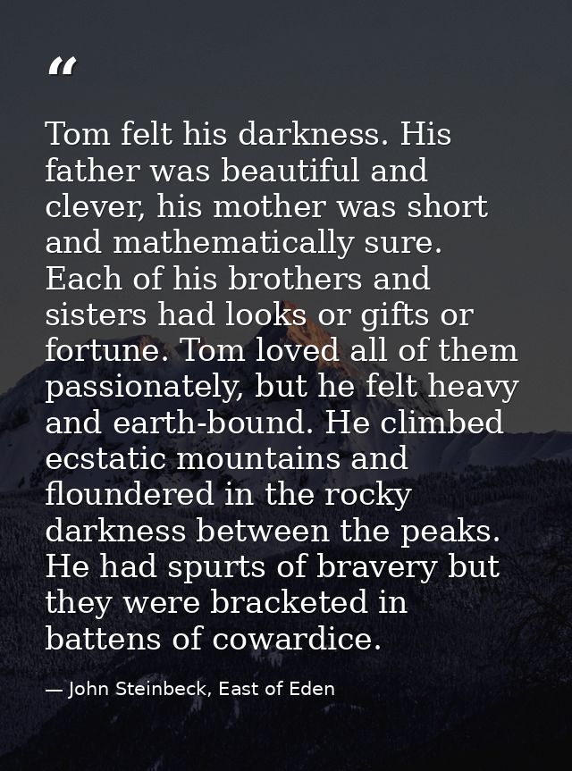 Tom felt his darkness. His father was beautiful and clever, his mother was short and mathematically sure. Each of his br — John Steinbeck, East of Eden