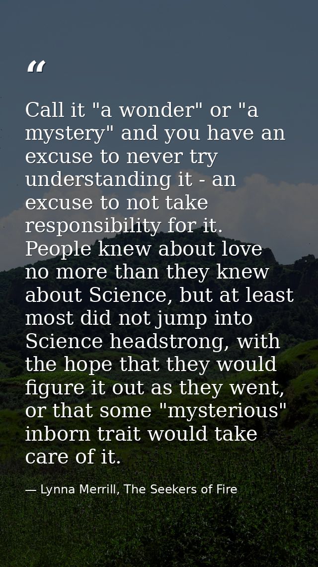 Call it "a wonder" or "a mystery" and you have an excuse to never try understanding it - an excuse to not take responsib — Lynna Merrill, The Seekers of Fire