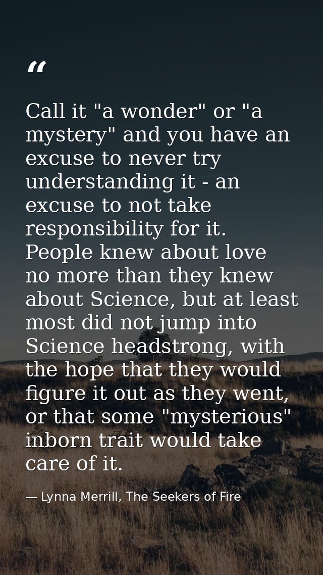 Call it "a wonder" or "a mystery" and you have an excuse to never try understanding it - an excuse to not take responsib — Lynna Merrill, The Seekers of Fire