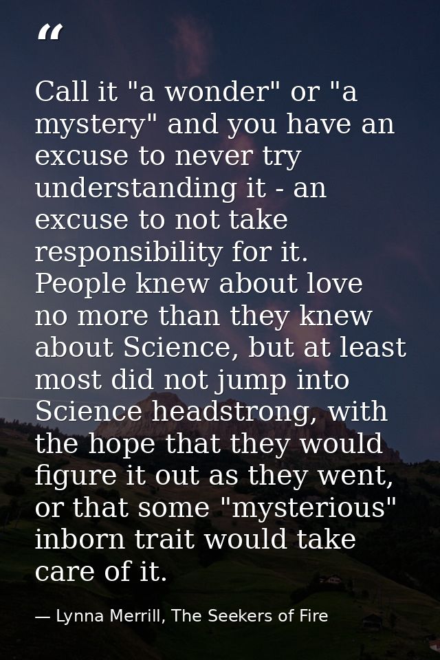 Call it "a wonder" or "a mystery" and you have an excuse to never try understanding it - an excuse to not take responsib — Lynna Merrill, The Seekers of Fire