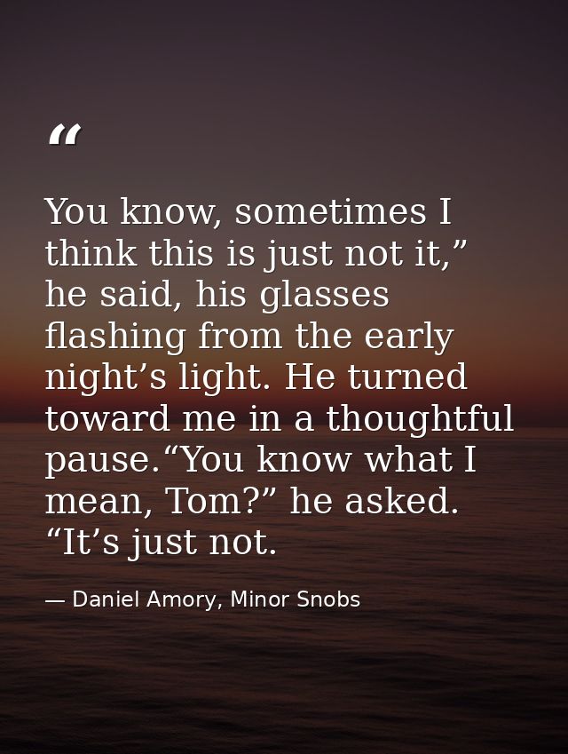 You know, sometimes I think this is just not it,” he said, his glasses flashing from the early night’s light. He turned  — Daniel Amory, Minor Snobs
