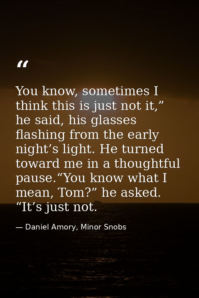 You know, sometimes I think this is just not it,” he said, his glasses flashing from the early night’s light. He turned  — Daniel Amory, Minor Snobs