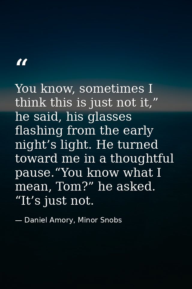 You know, sometimes I think this is just not it,” he said, his glasses flashing from the early night’s light. He turned  — Daniel Amory, Minor Snobs