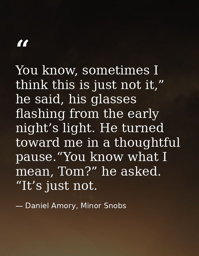 You know, sometimes I think this is just not it,” he said, his glasses flashing from the early night’s light. He turned  — Daniel Amory, Minor Snobs