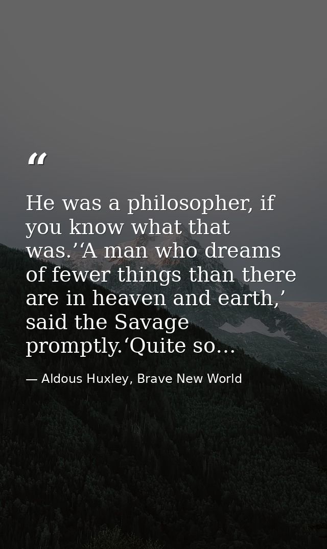 He was a philosopher, if you know what that was.’‘A man who dreams of fewer things than there are in heaven and earth,’  — Aldous Huxley, Brave New World