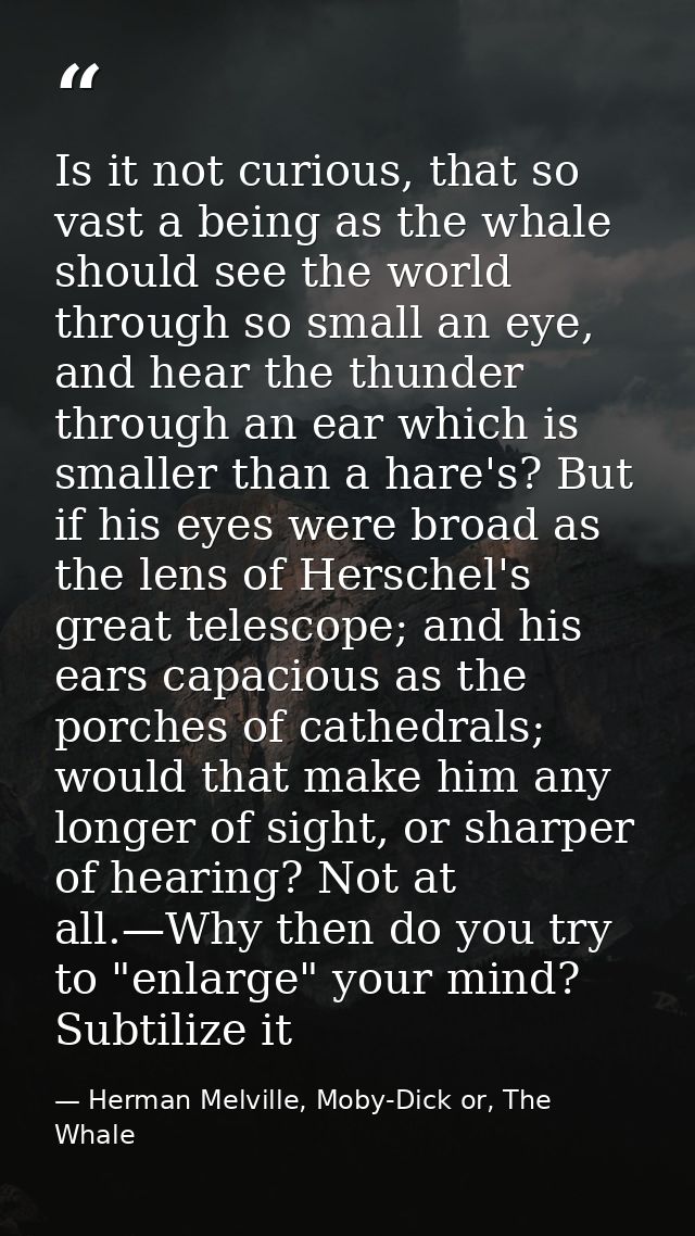 Is it not curious, that so vast a being as the whale should see the world through so small an eye, and hear the thunder  — Herman Melville, Moby-Dick or, The Whale